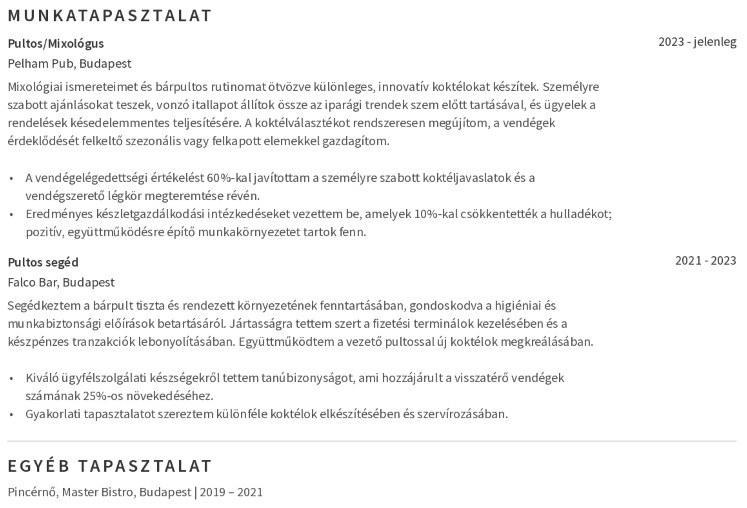példák munkatapasztalatok a pultos önéletrajzban