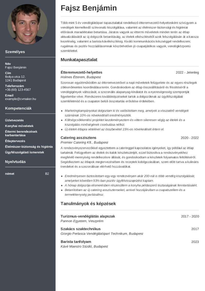 Vendéglátós önéletrajz minta