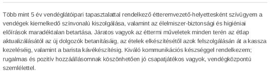 Személyes profil a vendéglátós önéletrajza