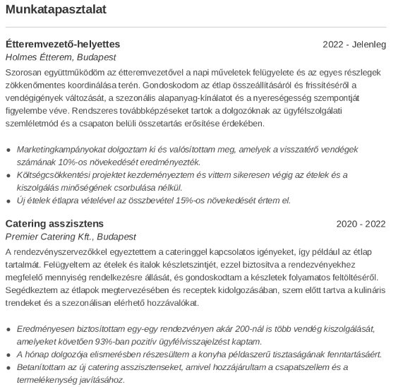 munkatapasztalataidat a vendéglátós önéletrajza