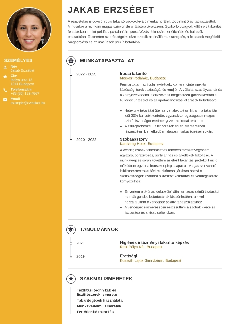 Önéletrajz-minta takarítói állásra