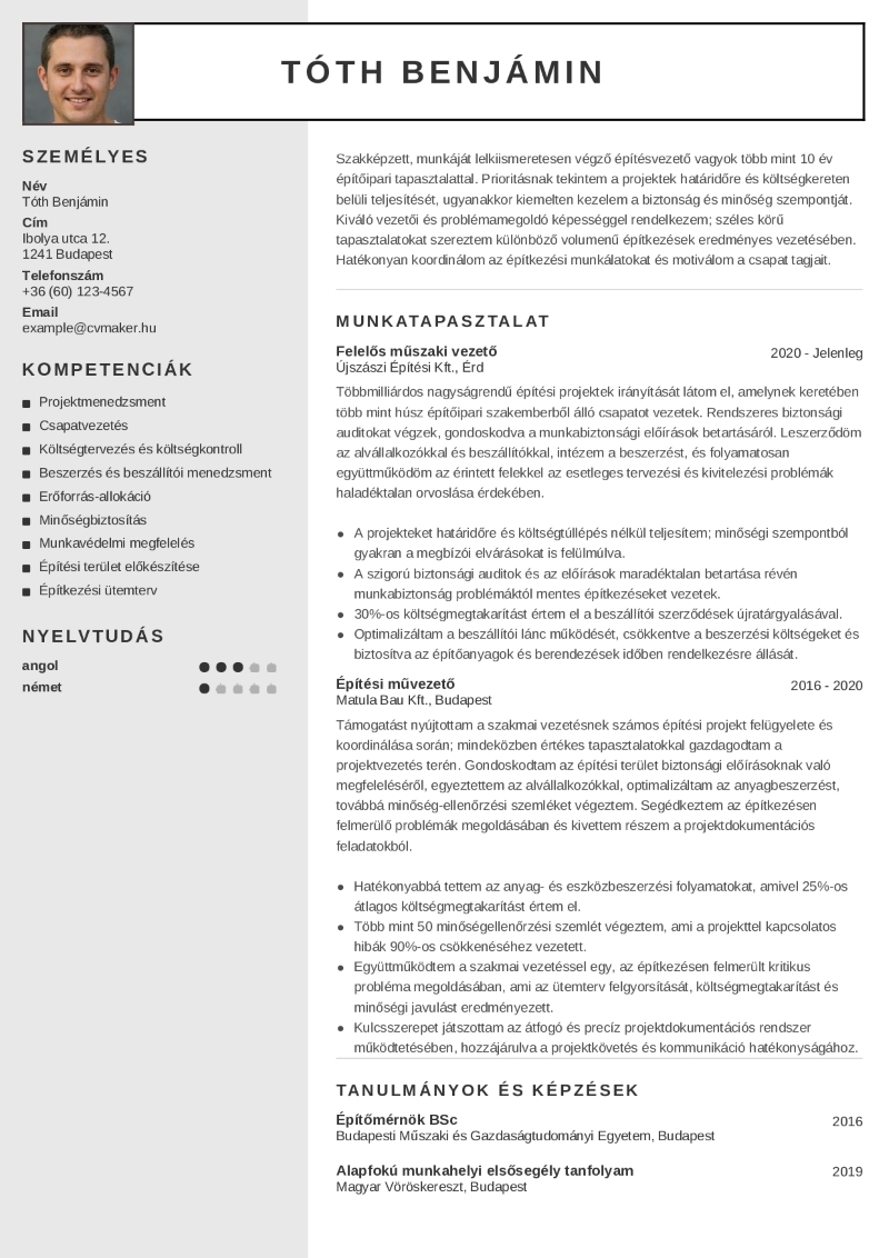 Építőipari önéletrajz minta