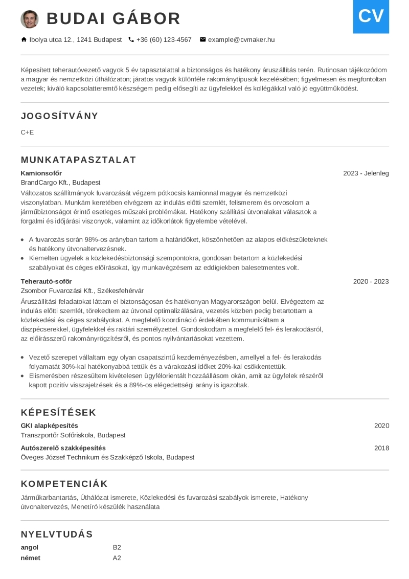 Önéletrajz sofőröknek – minta