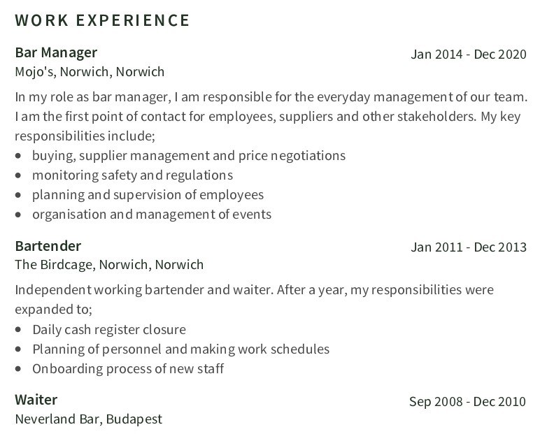 Angol önéletrajz Munkatapasztalatok