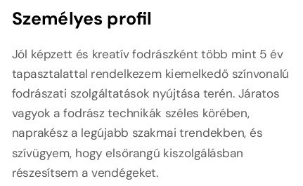 példák személyes profilra a fodrász önéletrajzban