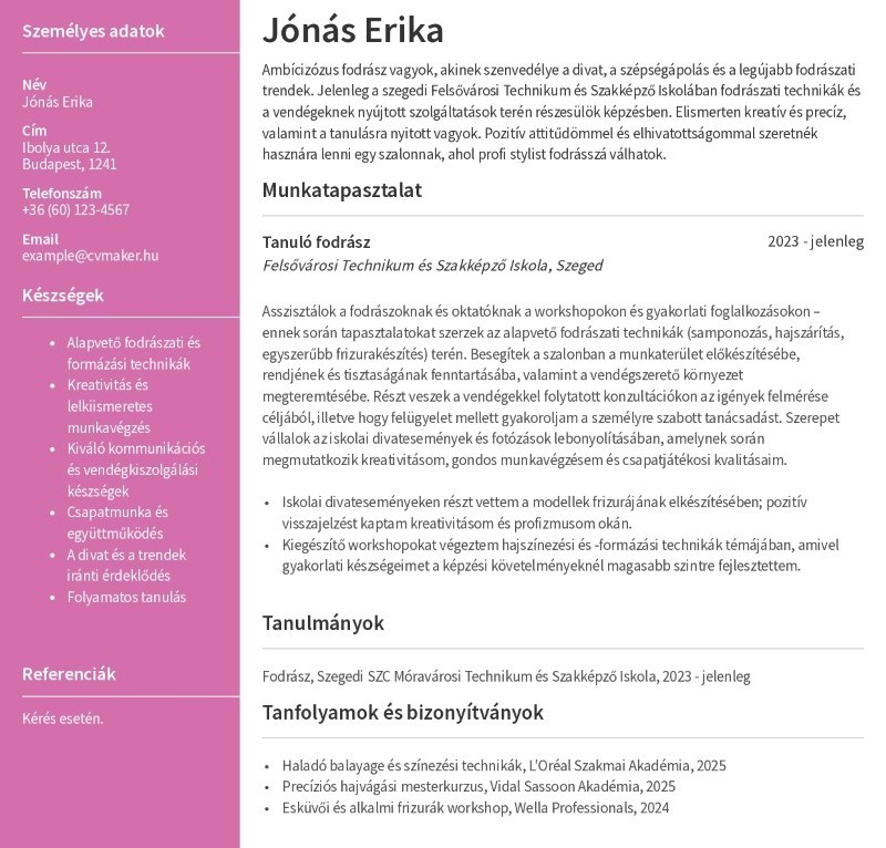 Fodrász önéletrajz minta munkatapasztalat nélkül