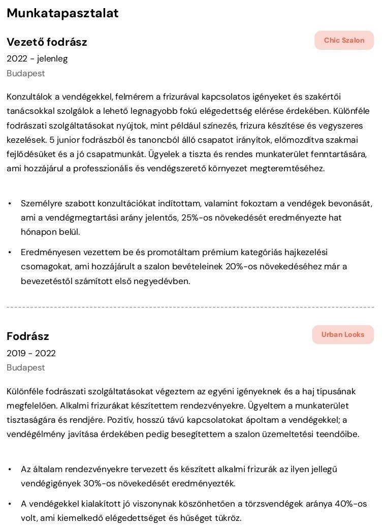 példák munkatapasztalatra a fodrász önéletrajzban