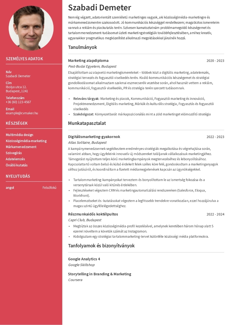 Pályakezdő önéletrajz minta – marketing Pályakezdő önéletrajz minta – marketing