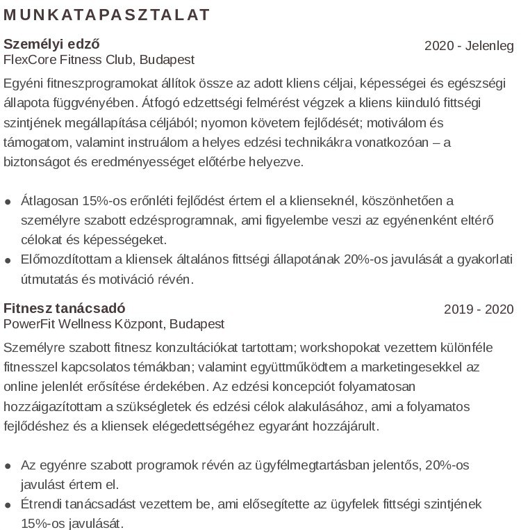 munkatapasztalatok személyi edző
