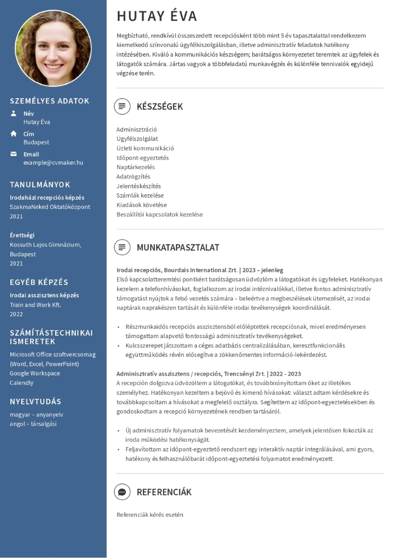 Recepciós önéletrajzminta