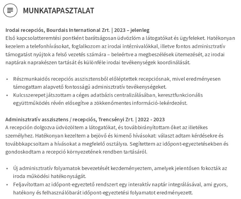 Recepciós önéletrajz minta munkatapasztalatokat Recepciós önéletrajz minta munkatapasztalatokat
