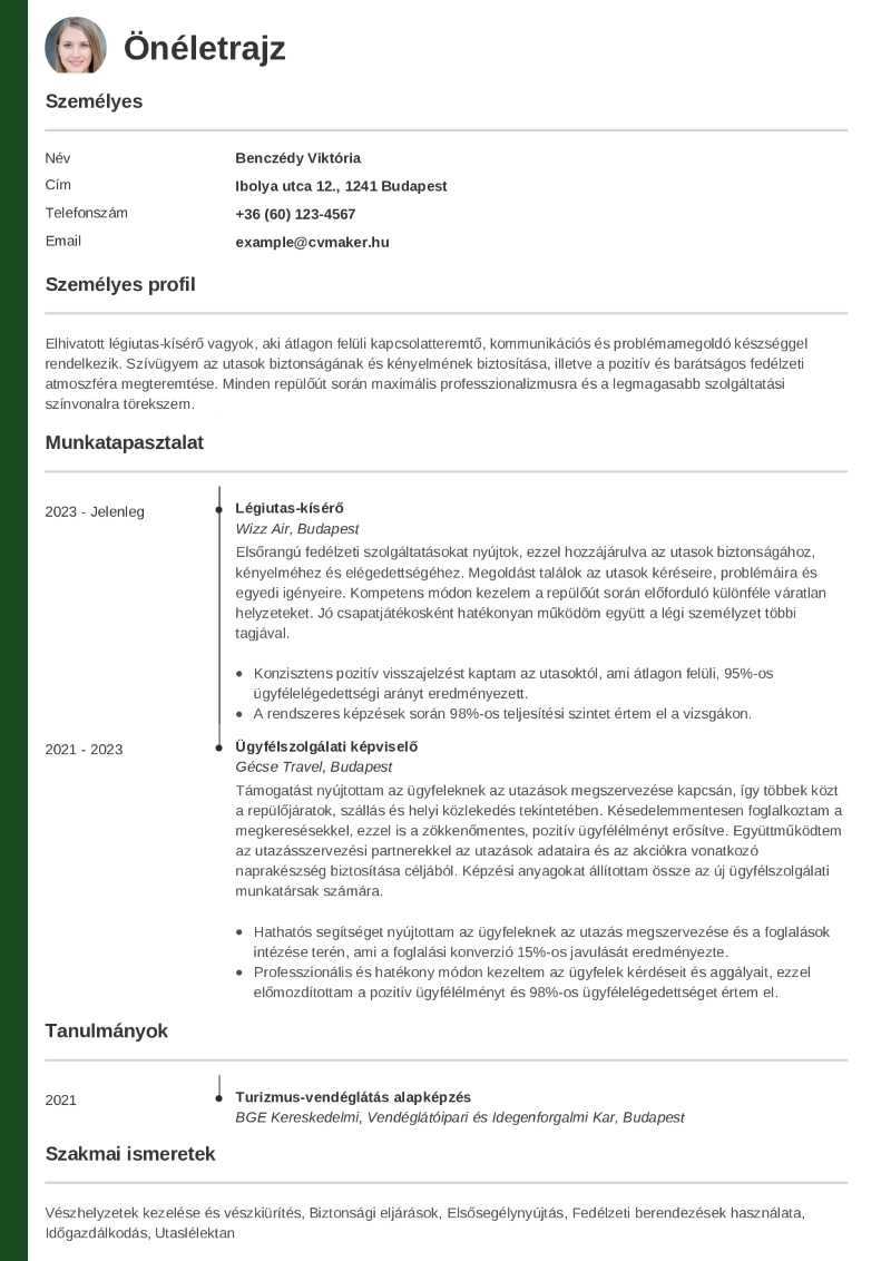 Stewardess önéletrajz-minta