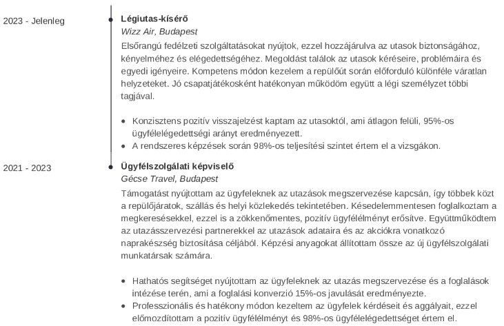 munkatapasztalat stewardess önéletrajzban