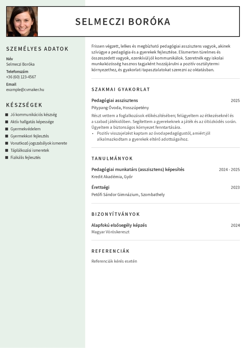 Pedagógiai asszisztens önéletrajzminta tapasztalat nélkül