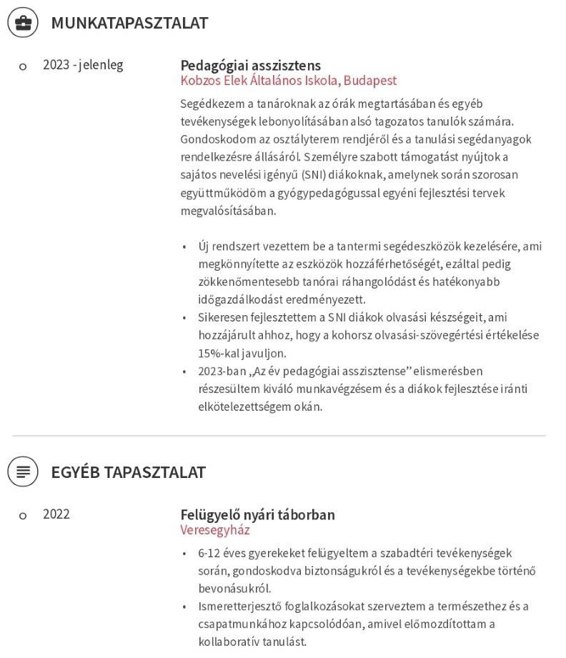 pedagógiai asszisztensi önéletrajz minta munkatapasztalatra