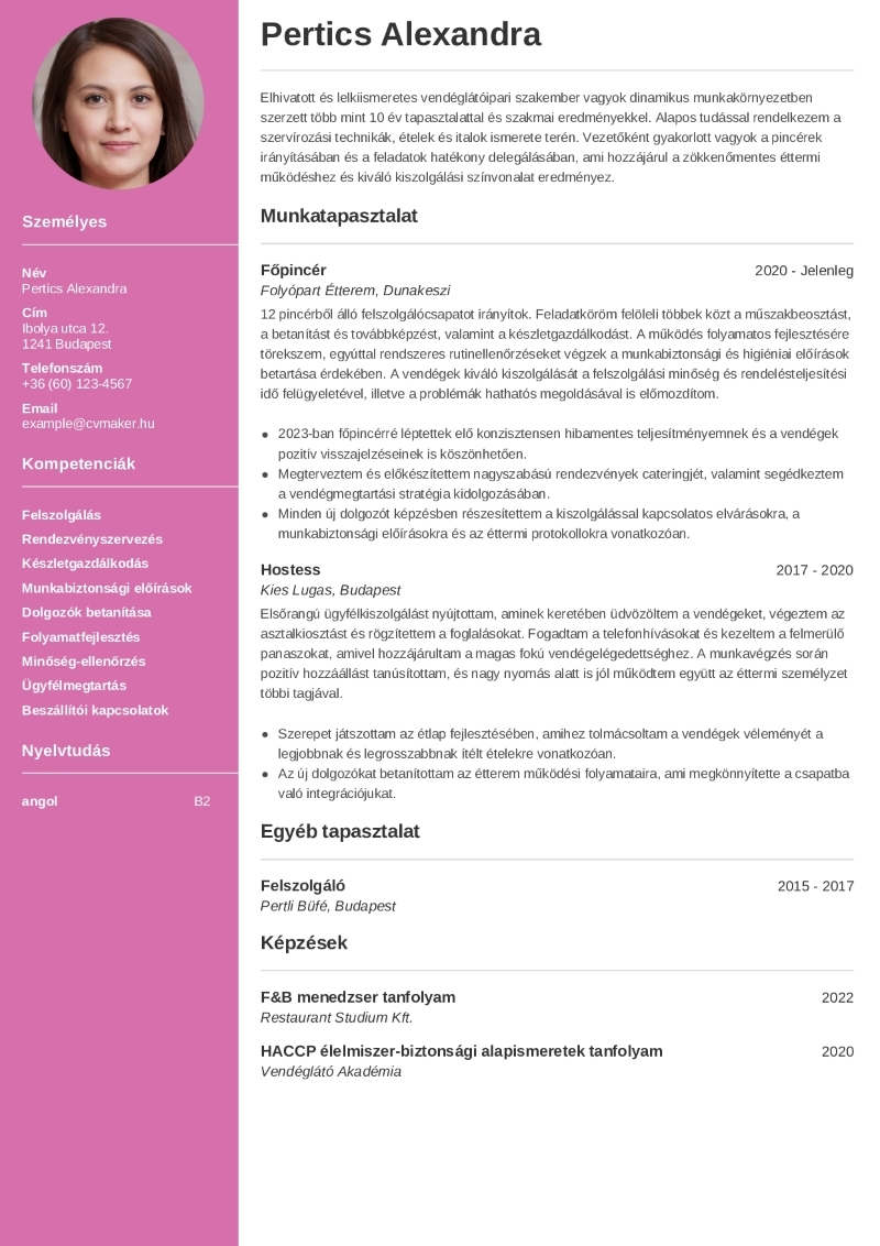 Pincér önéletrajz minta