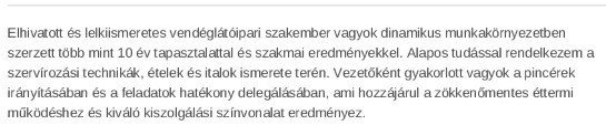 Személyes profil a pincér önéletrajzban