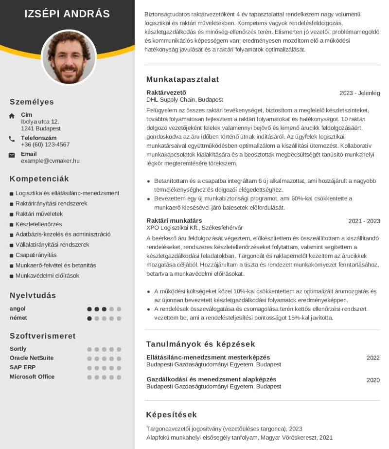 Raktáros önéletrajz minta