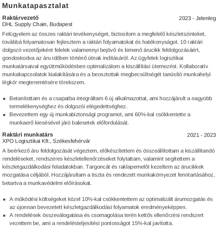 munkatapasztalatokat raktáros