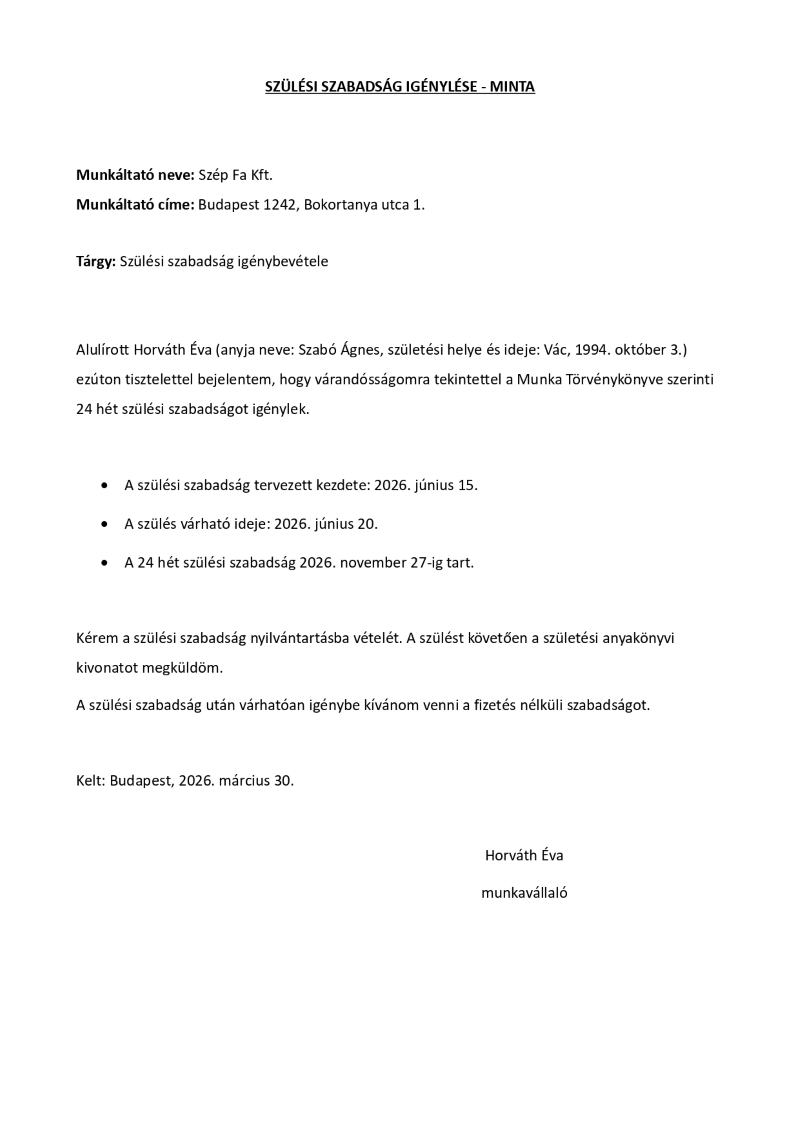 Szülési szabadságra vonatkozó értesítés - példa