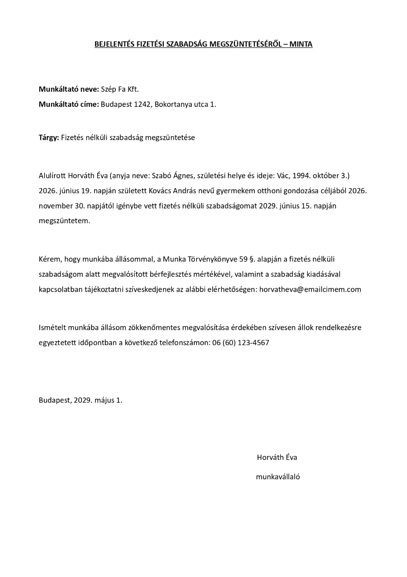 Szülési szabadságot követően munkába visszatérést jelző nyilatkozat - példa