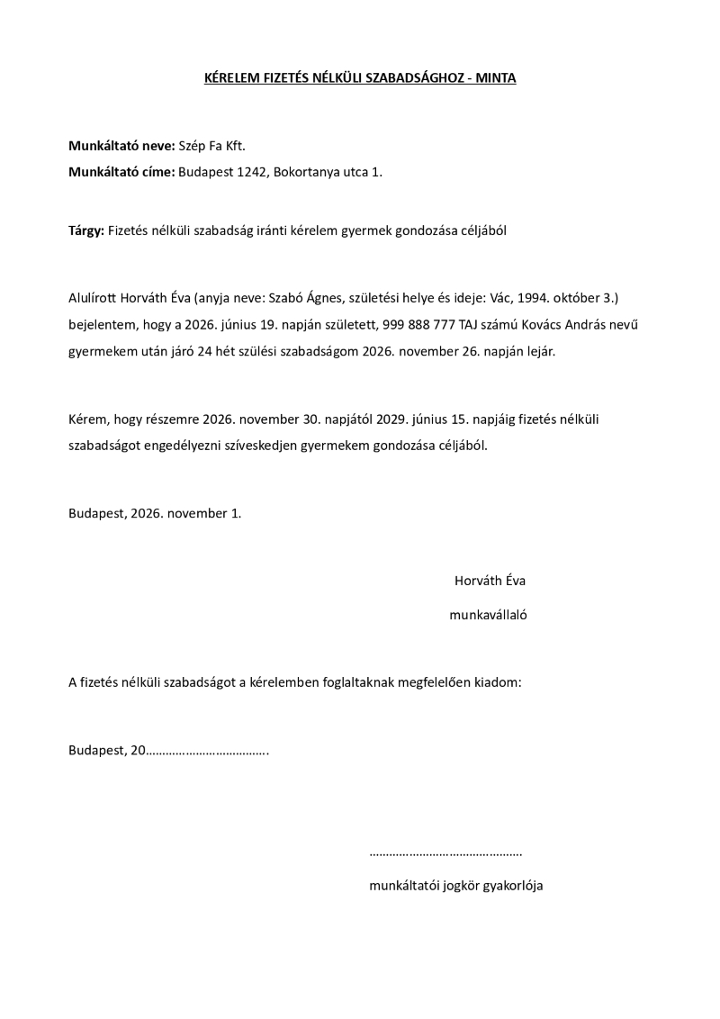 Szülési szabadságot követő fizetés nélküli szabadság iránti kérelem - példa