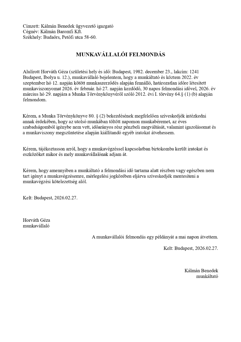 Felmondólevél-minta Felmondólevél-minta
